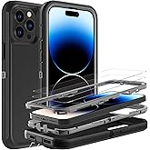 YKHJKLEC for iPhone 14 Pro Case, Military Grade 3 in 1 Heavy Duty Shockproof/Drop Proof/Dust Proof Case with 2Pcs Tempered Glass Screen Protector (Black/Grey)