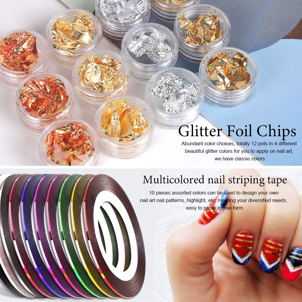 Nail Pen Designer, Teenitor Stamp Nail Art Tool with 15pcs Nail Painting Brushes, Nail Dotting Tool, Nail Foil, Manicure Tape, Color Rhinestones for Nails : Beauty
