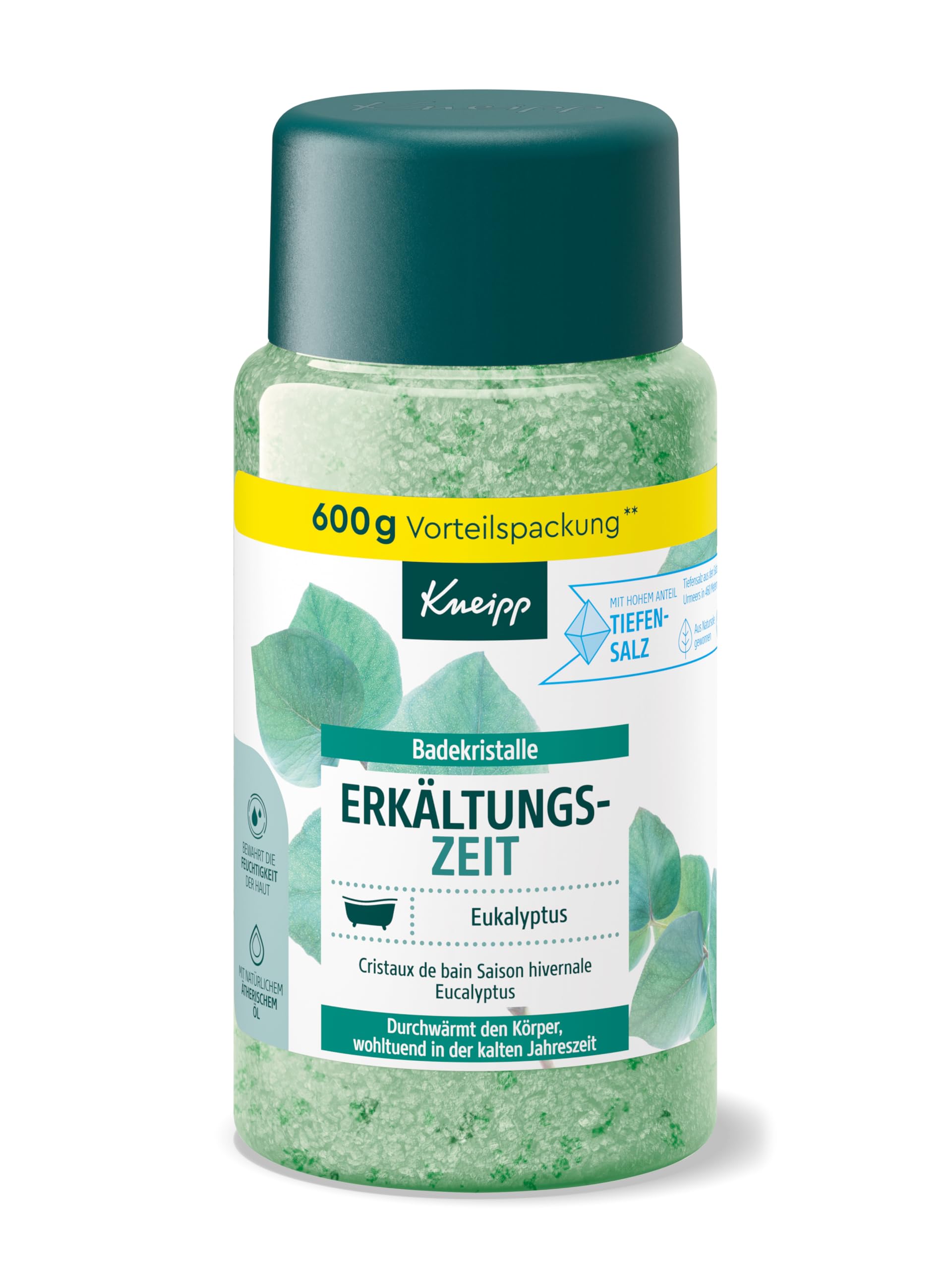 Kneipp Bath Crystals Cold Time - Bath Salt Storage Pack - with Natural Deep Salt from Luisenhall Saline & Natural Essential Oils of Eucalyptus and Mint - Aromatological Effect - 600 g