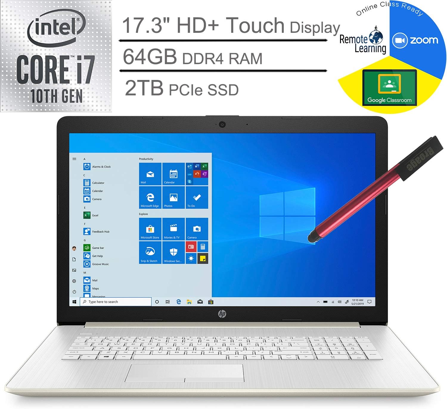 2020 HP 17 17.3" HD+ Touchscreen Laptop Computer_ 10th Gen Intel Quard-Core i7 1065G7 up to 3.9GHz_ 64GB DDR4 RAM_ 2TB PCIe SSD_ DVDRW_ Webcam_ Windows 10_ BROAGE 64GB Flash Stylus_ Online Class Ready
