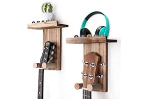 Bikoney 2-Pack Guitar Wall Mount Hanger with Shelf & Pick Holder - Wood Wall Hook for Acoustic, Electric, Bass Guitars, Ukule