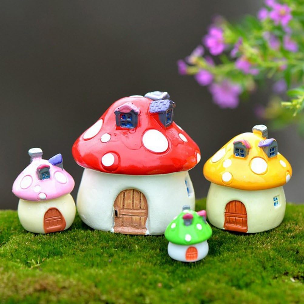 LUKUPONE4 Pcs Resin Mushroom Houses Miniature Fairy Garden Decoration Statue Home Outdoor Decor Ornaments