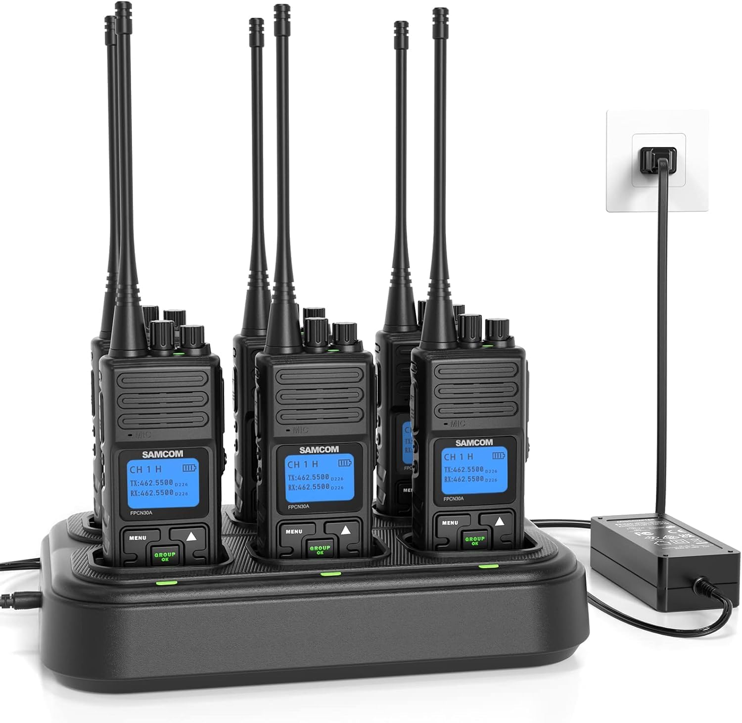 Photo 1 of SAMCOM FPCN30A Radios Walkie Talkies Long Range Business Commercial Professional UHF 2 Way Radios Two-Way Radio(6 Pack) with 6 Way Multi Gang Charger & Earpieces