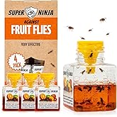 Super Ninja Fruit Fly Traps for Indoors, 4 Pack | Fruit Flies Catcher for Home &amp; Kitchen with Adhesive Back, Kids &amp; Pets Friendly, Upto 3 Weeks of Performance per Bottle