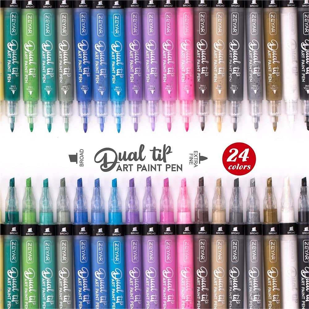 ZEYAR Dual Tip Acrylic Paint Pens 24 Colors, Board and Extra Fine Tips, Patented Product, AP Certified, Waterproof Ink, Works on Rock, Wood, Glass, Metal, Ceramic and More (24 Colors)