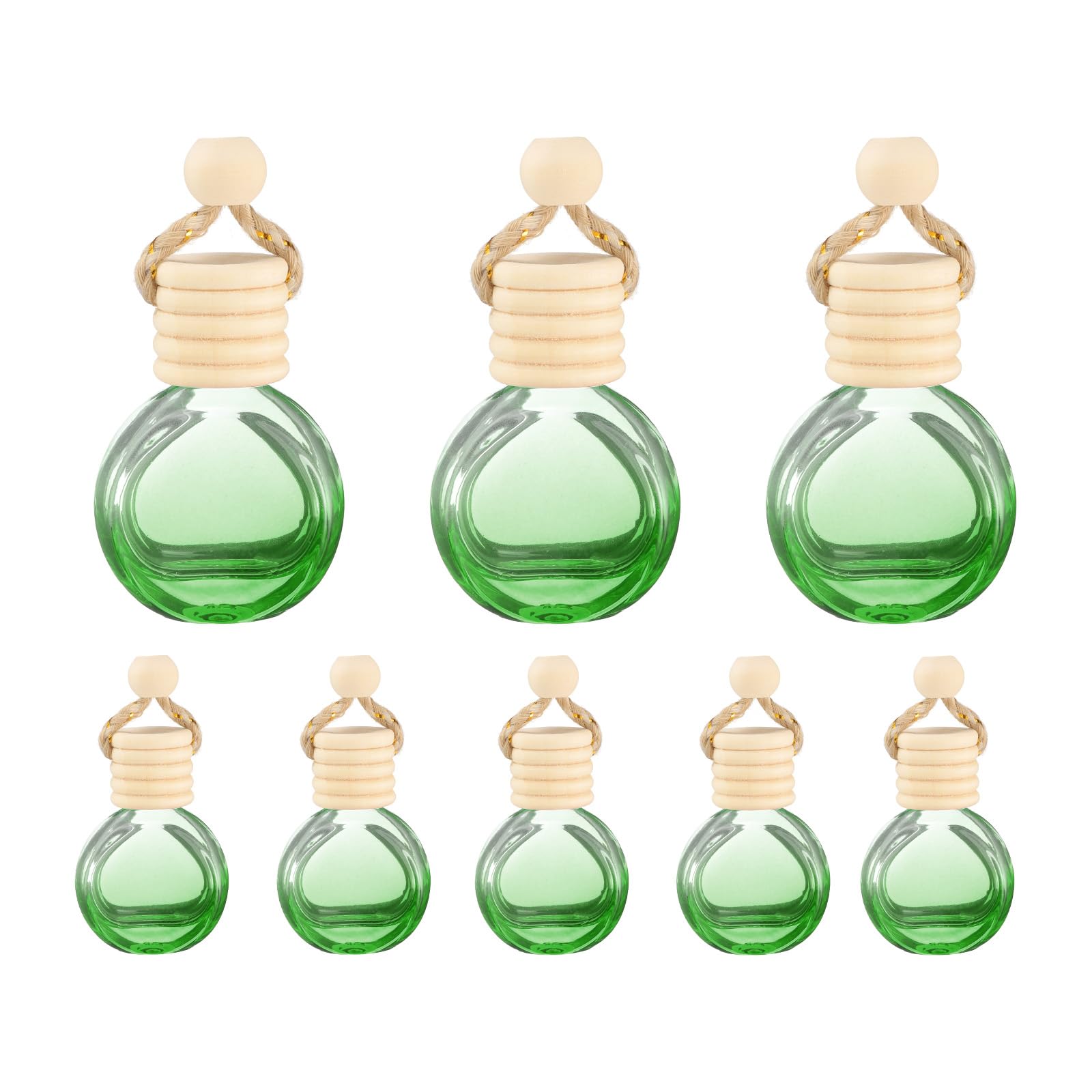 Photo 1 of uxcell 8pcs Hanging Car Air Freshener Perfume Bottle, 10ml Pendant Empty Clear/Green Glass Essential Oil Aromatherapy Diffuser with Wooden Cap for Car Decor (Clear/Green, Round)