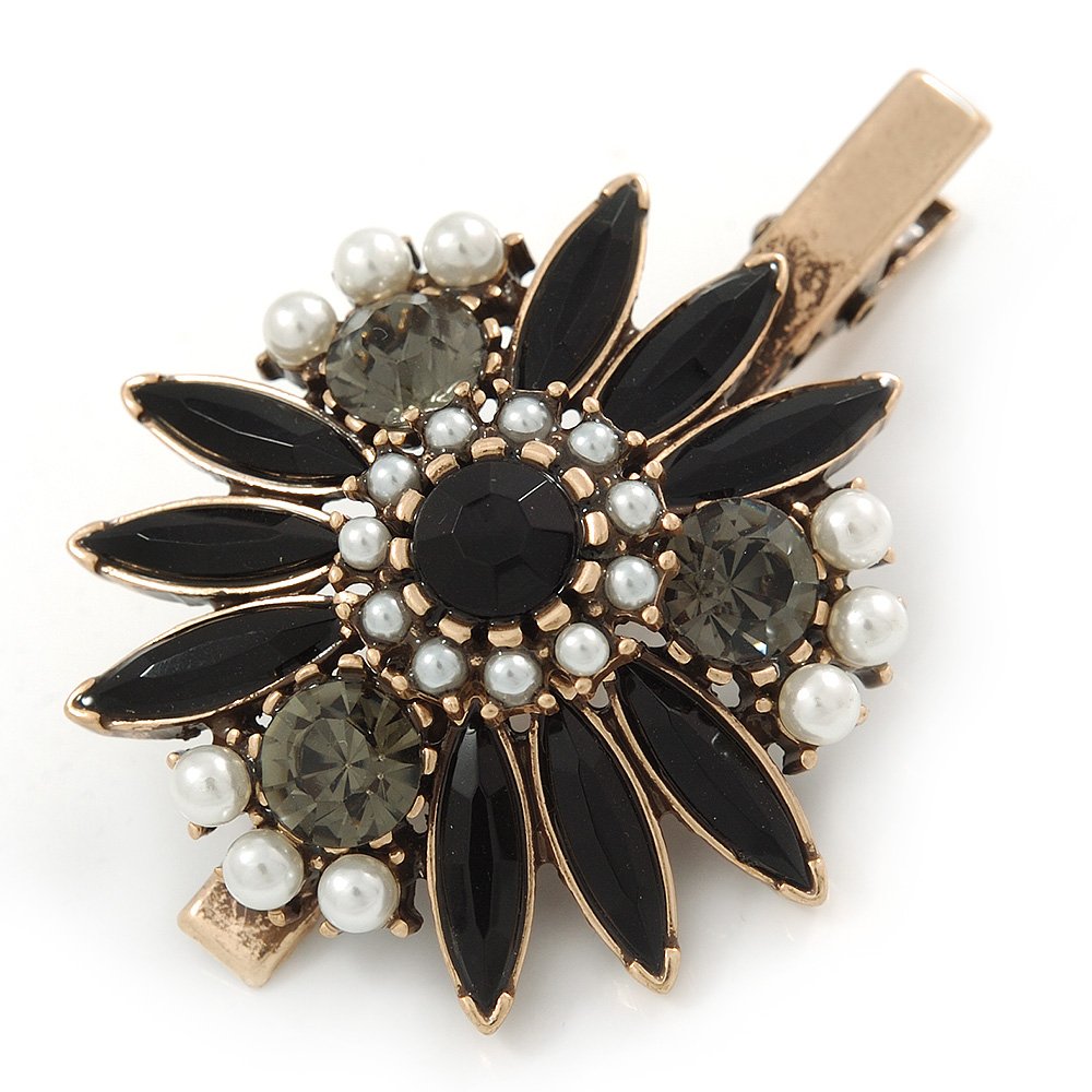 Vintage Inspired Black/Grey Crystal, Pearl Flower Hair Beak Clip/Concord Clip/Clamp Clip In Bronze Tone - 60mm L