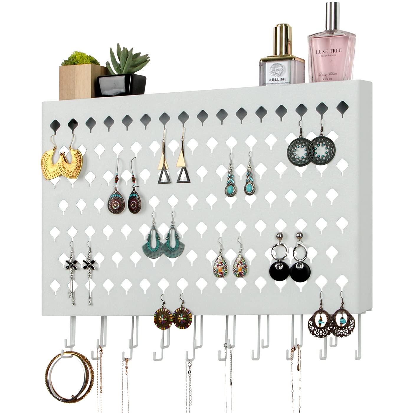 JackCubeDesign Wall Mount Earring Jewelley Hanger Organiser Holder Necklace Bracelet Rack Storage Display Stand Hanging Iron with 109 Holes/19Hooks(White, 41.9 x 6 x 33.5 cm)-:MK329B