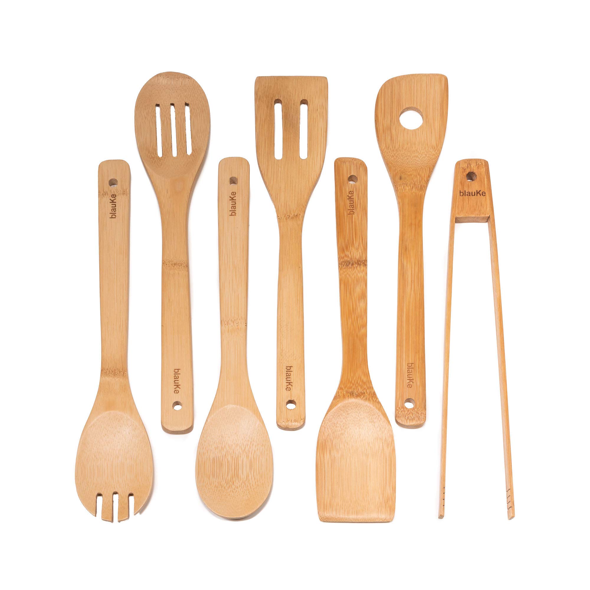 BlauKe® Wooden Kitchen Utensils Set of 7 – Bamboo Cooking Utensils for Non-Stick Cookware – Wooden Spatulas for Cooking, Wooden Spoons, Tongs