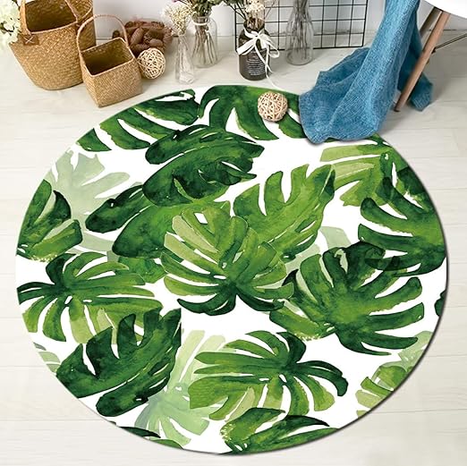 Amazon Com Hvest Palm Leaf Area Rug Watercolor Green Foliage Round Rugs Monstera Leaves Carpet Non Slip Soft Yoga Kid S Play Pet Floor Mat For Bedroom Living Room Diameter 4 Home Kitchen