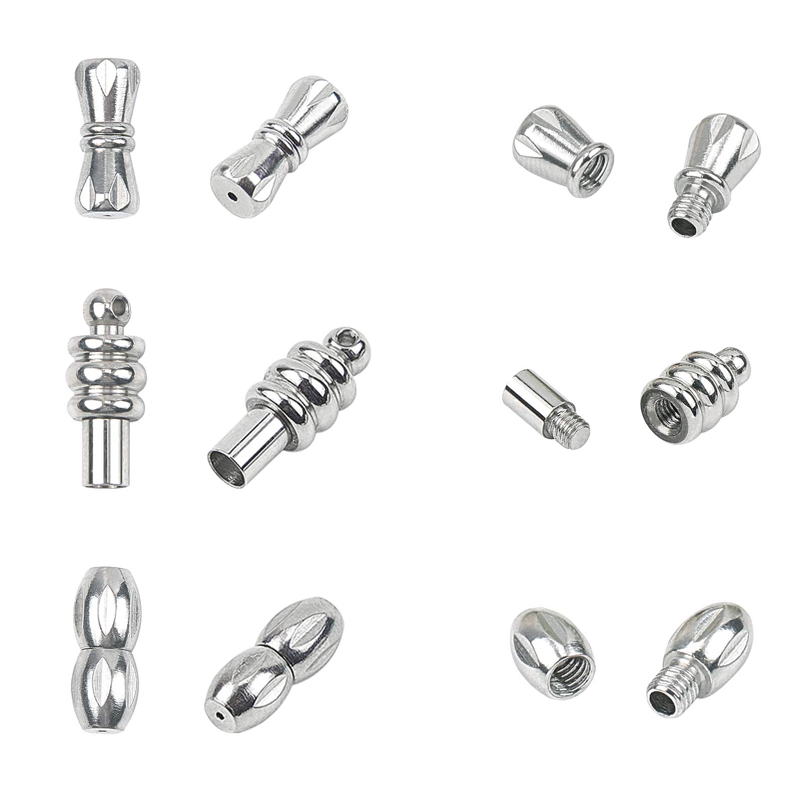 UNICRAFTALE 12sets 3 Styles 1mm/1.5mm Hole Stainless Steel Screw Clasps Column Screw Clasps Tube Leather Cord End Caps with Locking for Bracelets Jewelry Making Findings