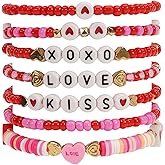 Bookay Valentines Day Bracelets Set for Women – Red & Green Heart Beaded Stretch Bracelet, Stackable Boho Style with Engraved Love Charms
