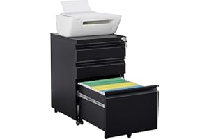 LVSTEEL File Cabinet, Fully Assembled Filing Cabinet, Rolling File Cabinet with Lock, Under Desk Metal File Cabinet, File Cabinet for Home Office, Mobile Printer Stand for a4/Legal/Letter File, Black