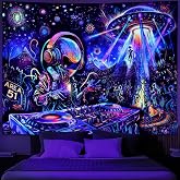 Galoker Blacklight Alien UFO Tapestry Trippy Galaxy Planet Tapestry UV Reactive Funny DJ Music Wall Tapestries Plant Cactus Tapestries Wall Hanging for Home Decor(70.8