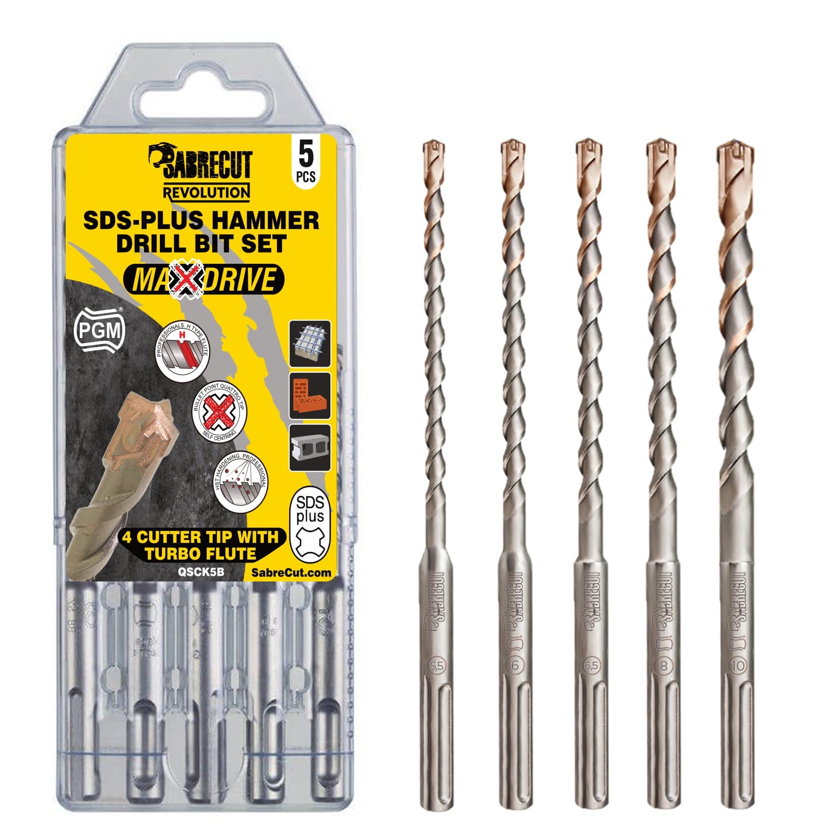 5 x SabreCut QSCK5B 5.5mm 6mm 6.5mm 8mm 10mm x 160mm Quattro PGM Approved Full Carbide 4 Cutter Tip Vortex Flute SDS Plus Drill Bit Mix Kit For Stone Concrete Brick Block