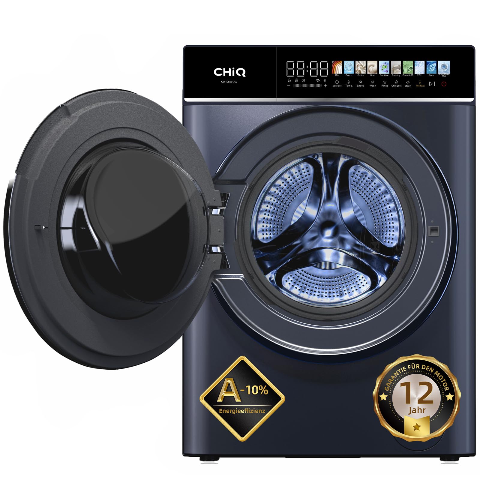 CHiQ CW106581AX Waschmaschine 10 kg, EEK A-10%| LED-Touchscreen, 1400 U/M | 12 Waschzyklen Speed Wash, Eco, Dampf, Timer| Frontlader washer, Wohnungen, Hotels, Schwarz 2