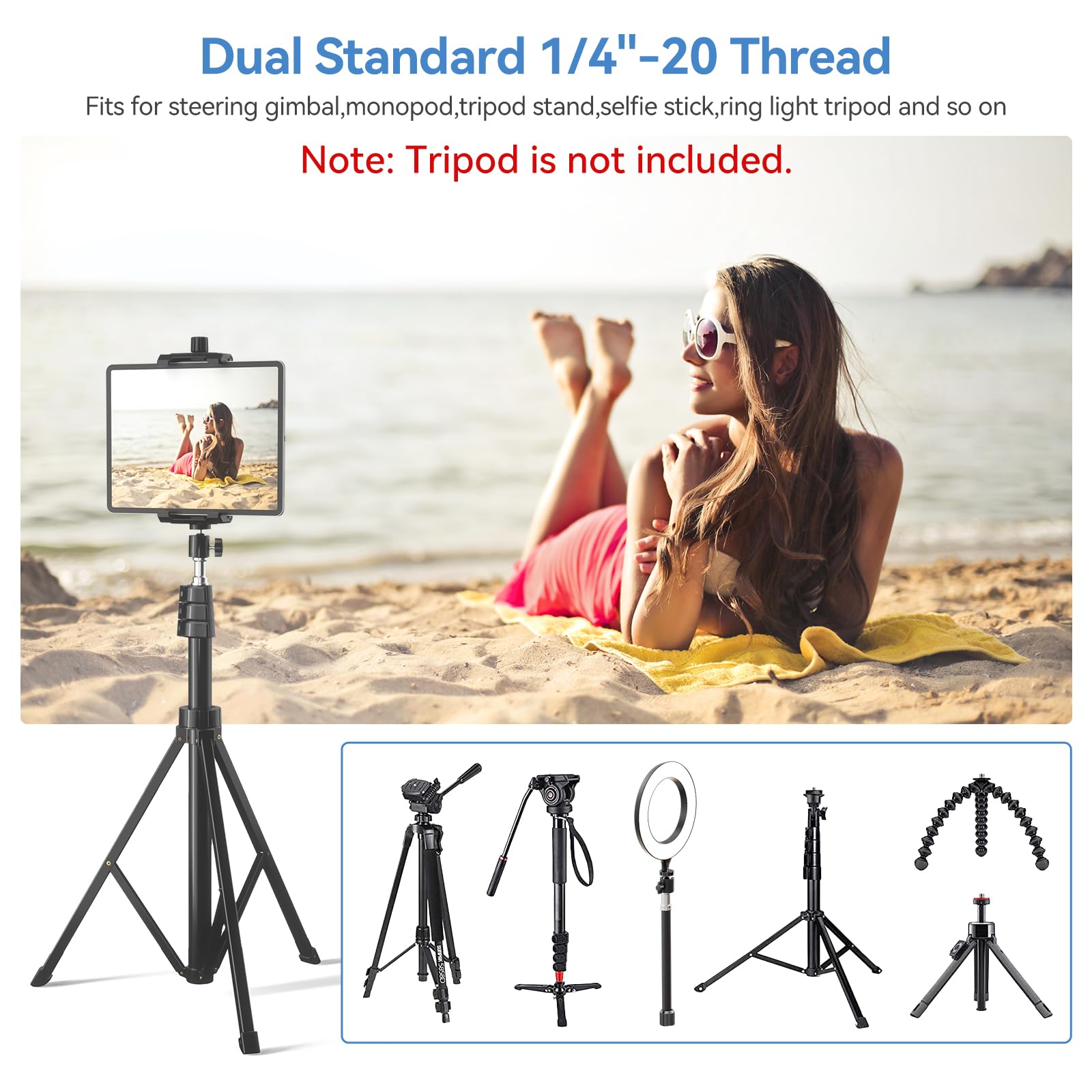 KDD iPad and Phone Tripod Mount Adapter with Ball Head, iPad Holder for Tripod, 360 Rotatable Tablet Clamp Mount fits iPad Pro 12.9, Air Mini 3 4, Galaxy Tab, Surface Pro, Selfie Stick(5.3-10.6