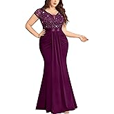 MISSMAY Women's Plus Size Double V Neck Sequin Lace Contrast Ruched Bodycon Mermaid Hem Formal Maxi Dress