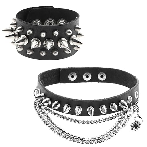 Zysta Schmuck Set, Gotik Echtleder Halsband Nieten Killernieten Halskette Choker + Breit Echtleder Armband Nietenarmband Unis