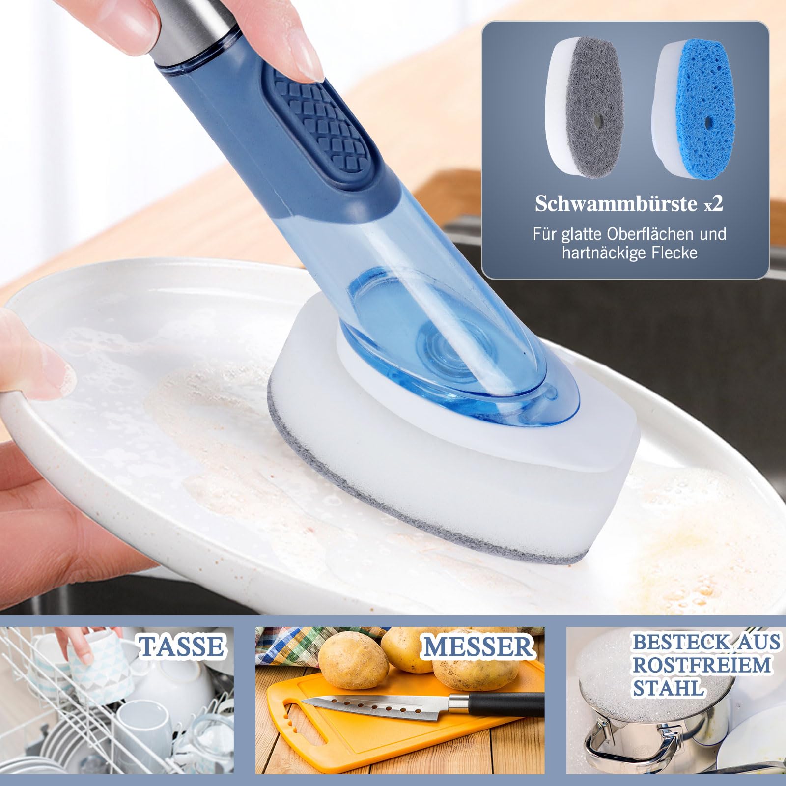 Masthome Spülbürste mit Spülmittelspender, Befüllbare Spülbürste, 4 Verschiedenen Ersatzköpfen, Multifunktional Küchenbürste Reinigungsbürste, Geschirrbürste für Geschirr, Töpfe, Spülen Reinigung 4