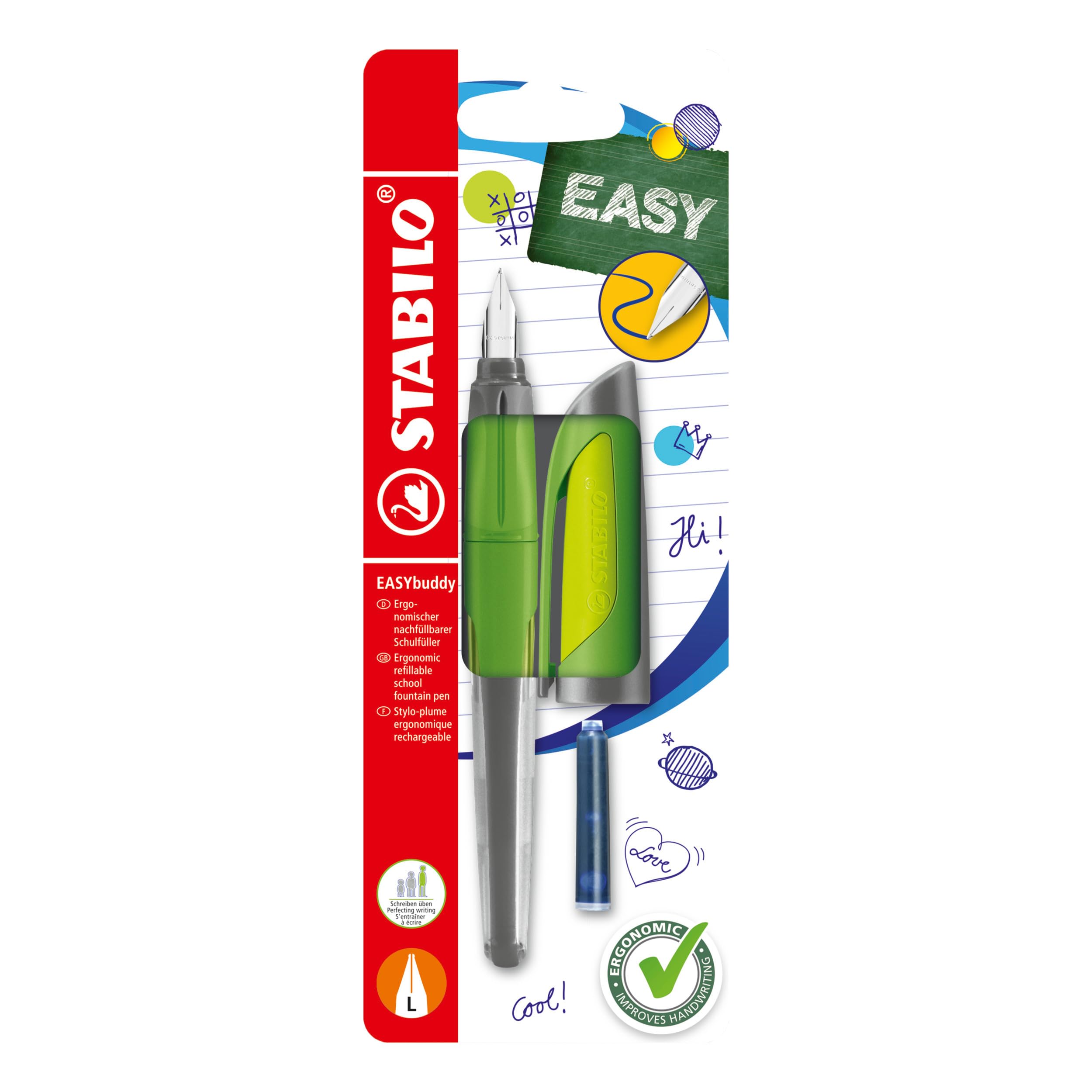 Ergonomic School Fountain Pen - STABILO EASYbuddy - Left Handed - Lime/Green