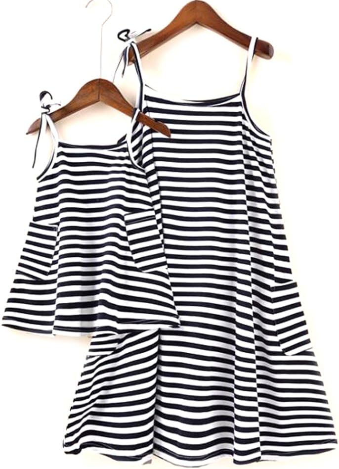 KESI Mommy and Me Matching Dresses Parent-Child Dresses Womens and Girls Stripe Dress Mom Harness