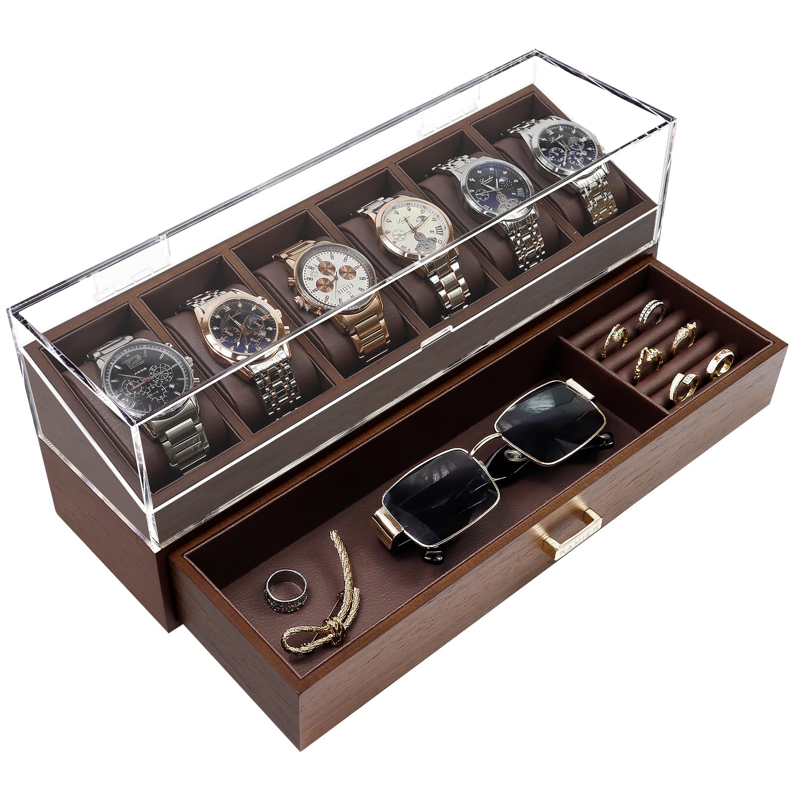 Photo 1 of KAMIER High End Wooden Watch Box with 6 Slots & Glass Lid - 2-Layer Jewelry Organizer for Men - Watch Display Case, Ideal Business Gift for Watch Enthusiasts ?with Gift Box? (6 Slots Black Walnut)