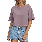 EasyGala Womens Cotton Boxy Crop Tops Drop Shoulder Loose Fit T-Shirts Short Sleeve Crewneck Tees Summer Casual Clothes