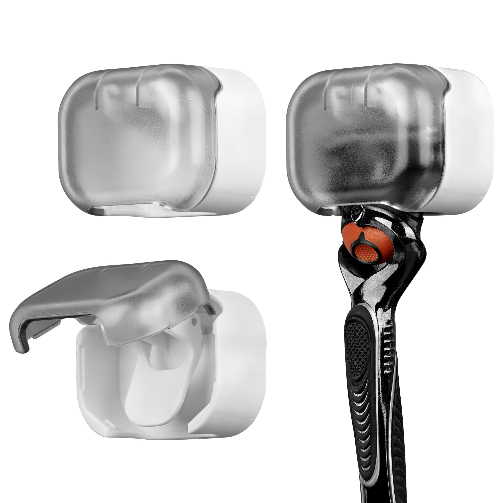 Photo 1 of LUEXBOX 2 Pack Razor Holder with Cover for Shower Wall, Self Adhesive Razor Stand Shaver Organizer, Plastic Razor Hanger Hooks Compatible with Fusion 5 Proglide, Mach 3 Classic (Gray Clear)