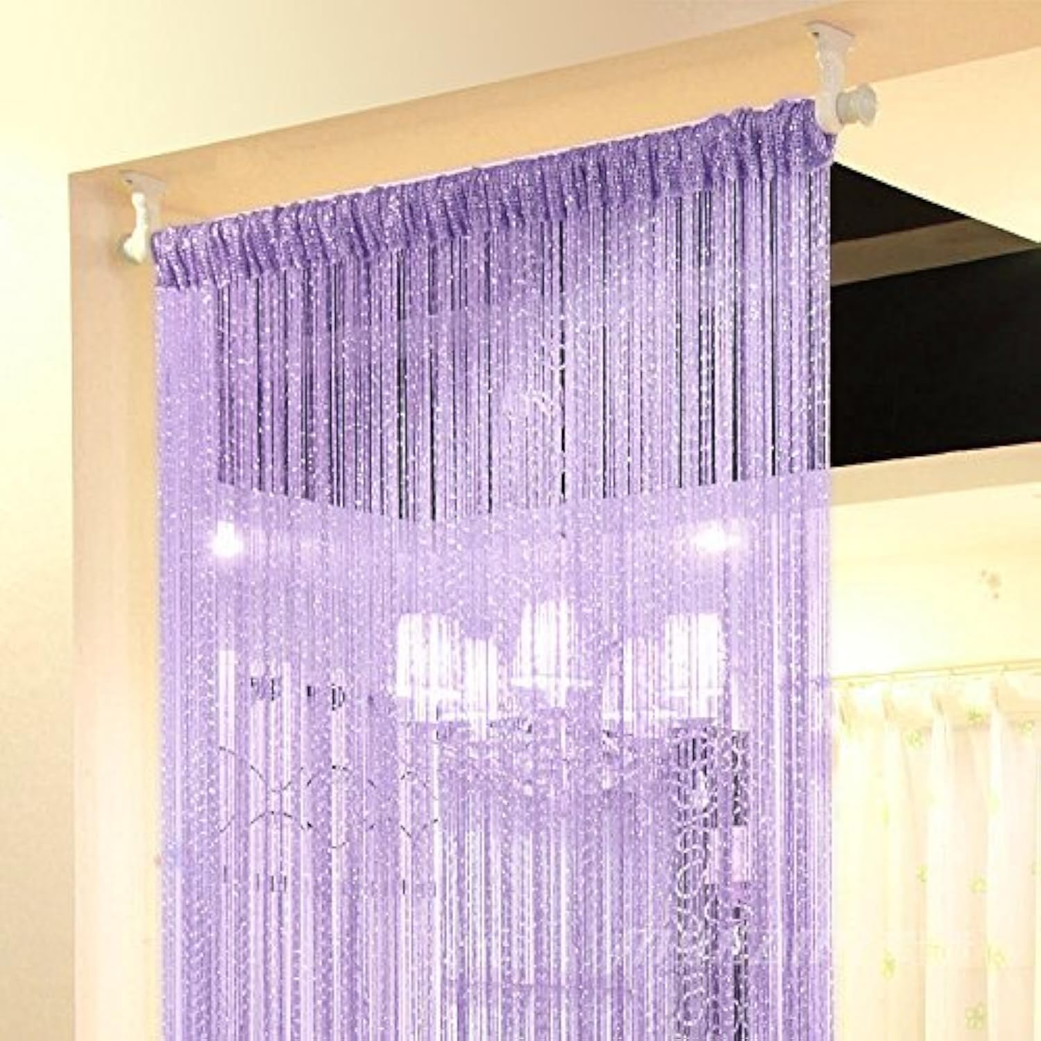 Eyotool 1x2 M Door String Curtain Rare Flat Silver Ribbon Thread Fringe Window Panel Room Divider Cute Strip Tassel for Wedding Coffee House Restaurant Parts, Light purple