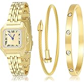 SUBANG 3 Pieces Women Gold Watch Bracelets Set Fashion Costume Jewelry Stainless Steel Gold Plated Square Wristwatch Diamond Bangle Bracelet Watch Jewelry Set for Women