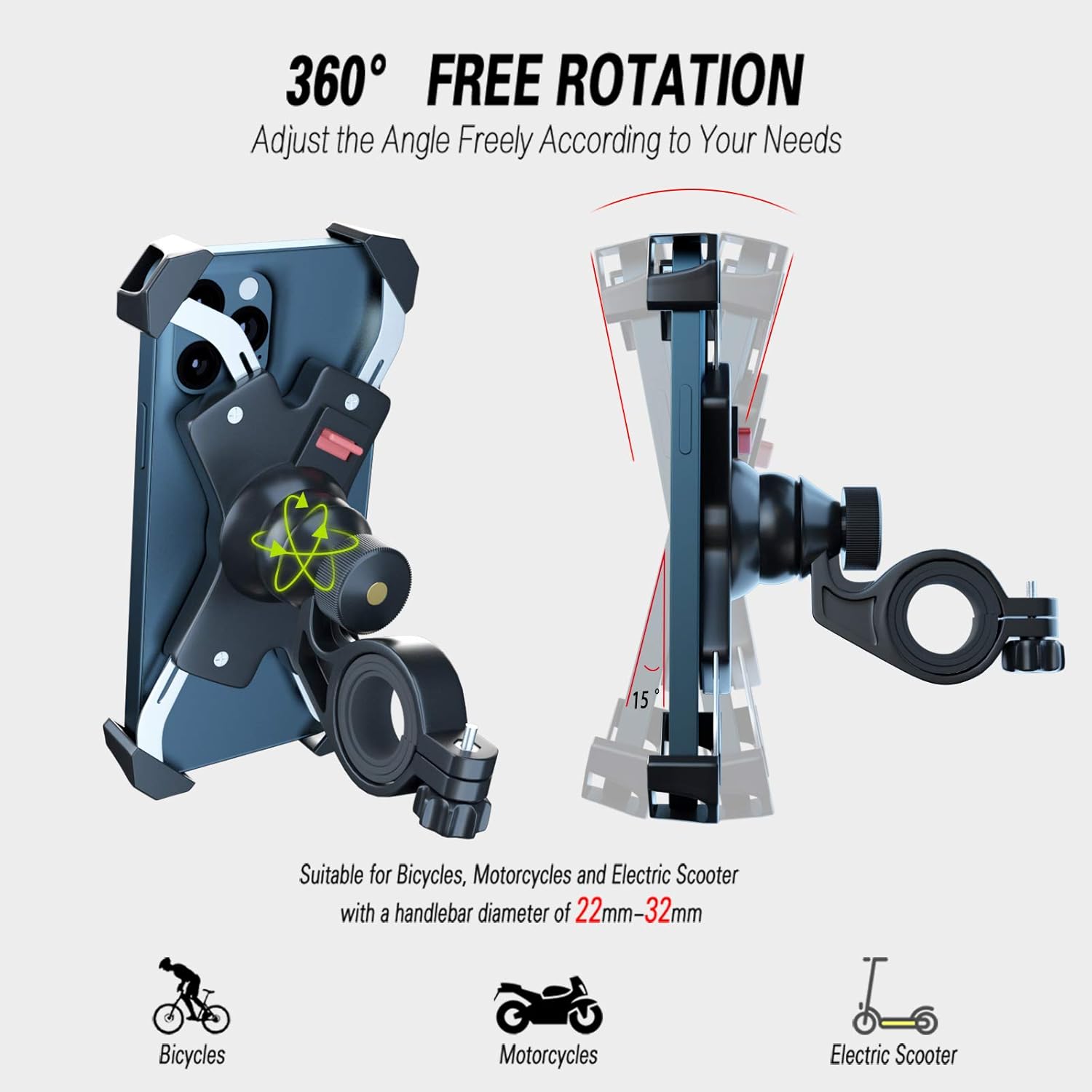 Grefay Bike Phone Mount Metal Motorcycle Handlebar Phone Holder Scooter Phone Clamp for 4.0-7.0 Inch Smartphone with 360° Rotation: Electronics