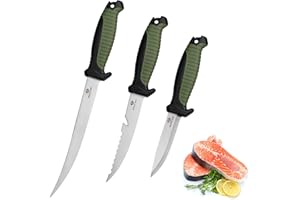Mossy Oak 3-Piece Fishing Fillet Knife Set with Protective Sheath, Stainless Steel Filet Knives with Non-Slip Handle, Bait Knife for Filleting and Boning (Military Green)