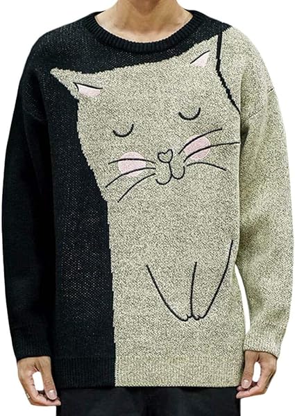 Amazon Shuming メンズ セーター 長袖 ゆったり プルオーバー クルーネック 猫柄 ニットセーター 暖かい 大きいサイズ トップス カジュアル 原宿系 秋 冬 おしゃれ セーター 通販
