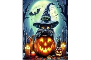 DIYDECORFUN Halloween Cat Diamond Art Kits for Adults,Black Cat Diamond Painting Kit for Beginner, 5D Full Round Drills Pumpkin Diamonds On Canvas Gem Art for Wall Decor 12 x 16 Inches