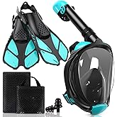 Viginsul Mask Fins Snorkeling Gear for Adults, Full Face Snorkel Mask & Adjustable Swim Fins Snorkel Set, Panoramic View Snorkel Mask Dry Top Anti-Fog Anti-Leak