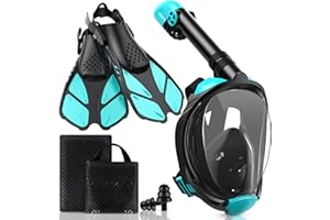 Viginsul Snorkel Set Adult - Full Face Snorkel Mask and Adjustable Swim Fins, Panoramic View Snorkel Mask with Dry Top Breath