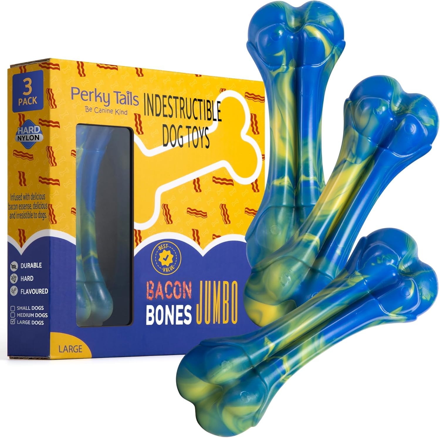 Perky Tails – Almost Indestructible Dog Toys for Large Dogs – Heavy Duty Plastic Dog Toys for Aggressive Chewers, Safer Than Rubber – Delicious Bacon Flavour