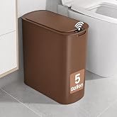 TIPGO 5 Gallon Automatic Bathroom Trash Can with Lid, Brown, Touchless | Motion Sensor, Slim Smart Garbage Bin, Plastic Wastebasket, Battery Operated, Manual Button, for Bedroom, Office,RV