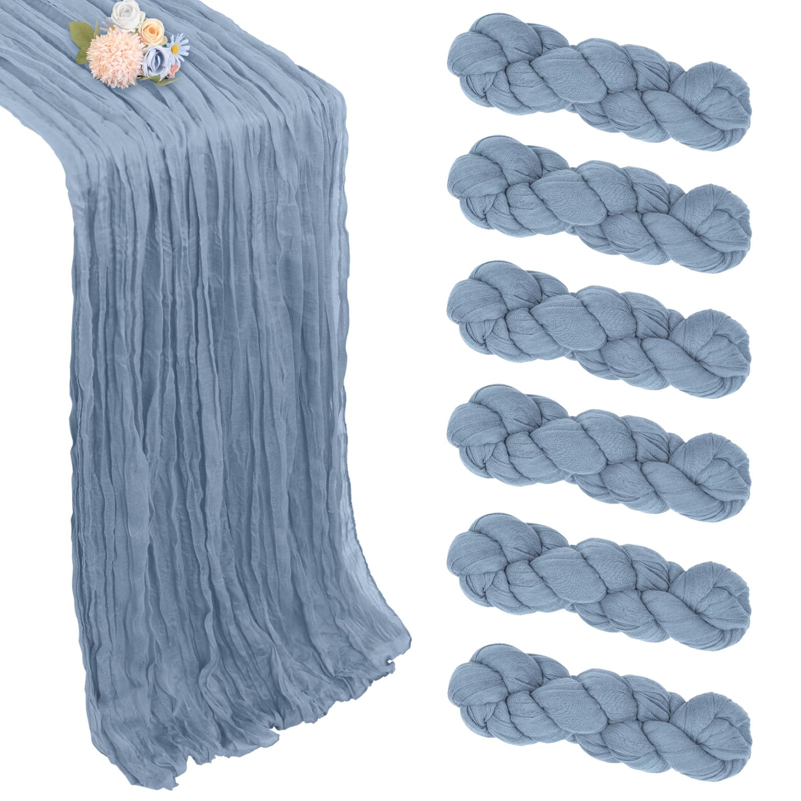 Photo 1 of 6 Pack Dusty Blue Table Runner 10ft Boho Gauze Fabric Cheesecloth Table Runner 35 x 120 Inch Rustic Sheer Runner for Wedding Decor Baby Shower Party Table Centerpiece Decorations