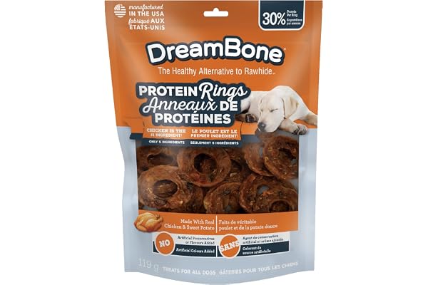 DreamBone Protein Rings with Real Chicken & Sweet Potato, 119 g, Rawhide-Free Protein Ring Chews, Artificial Free, for All Do