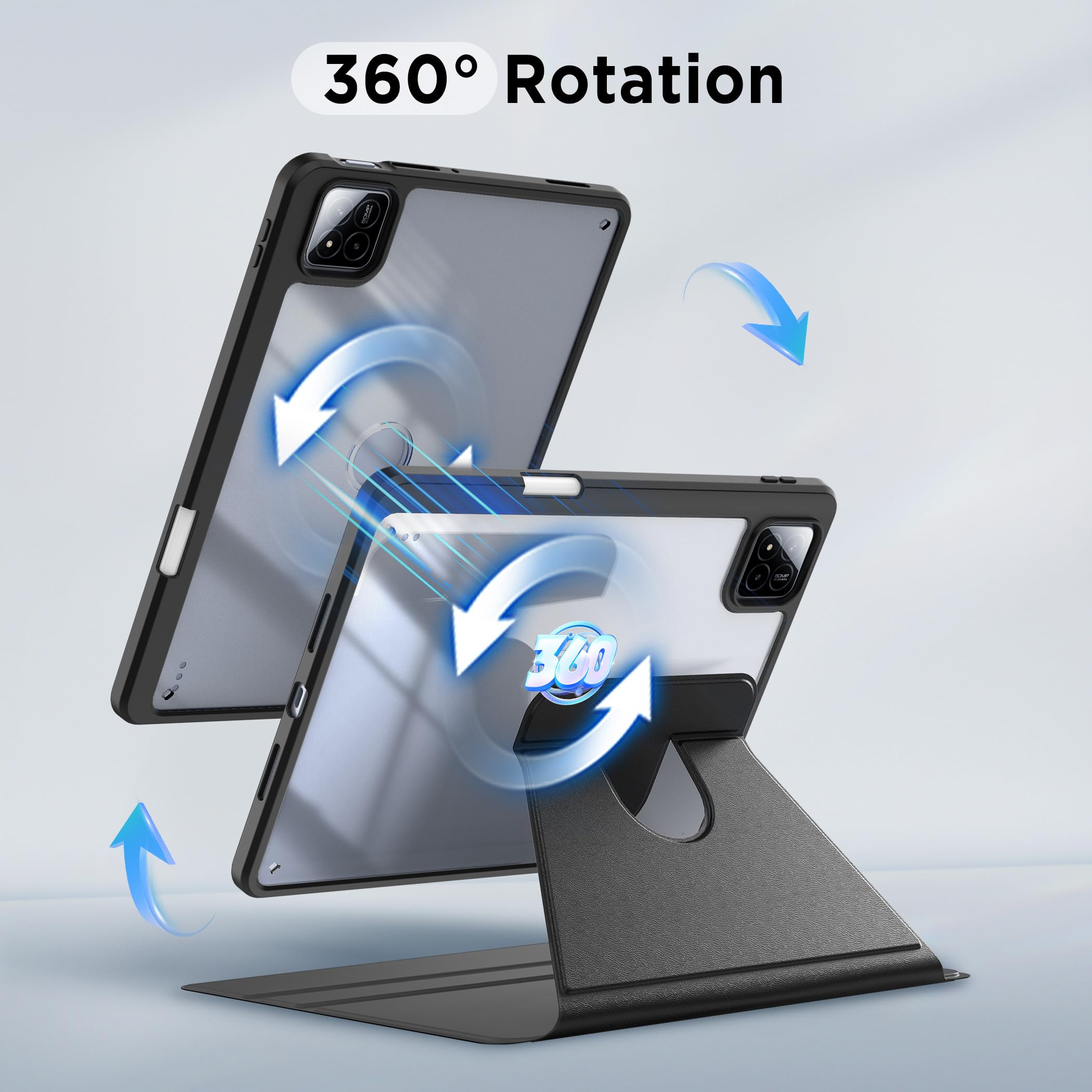 EasyAcc Drehbare Hülle für Xiaomi Pad 7/ Pad 8/ Pad 7 Pro/Pad 8 Pro 11.2 Zoll mit Xiaomi Pen Halter, Acryl Schutzhülle 360 Grad Drehbare mit Stoßfest Grenze, Schwarz 3