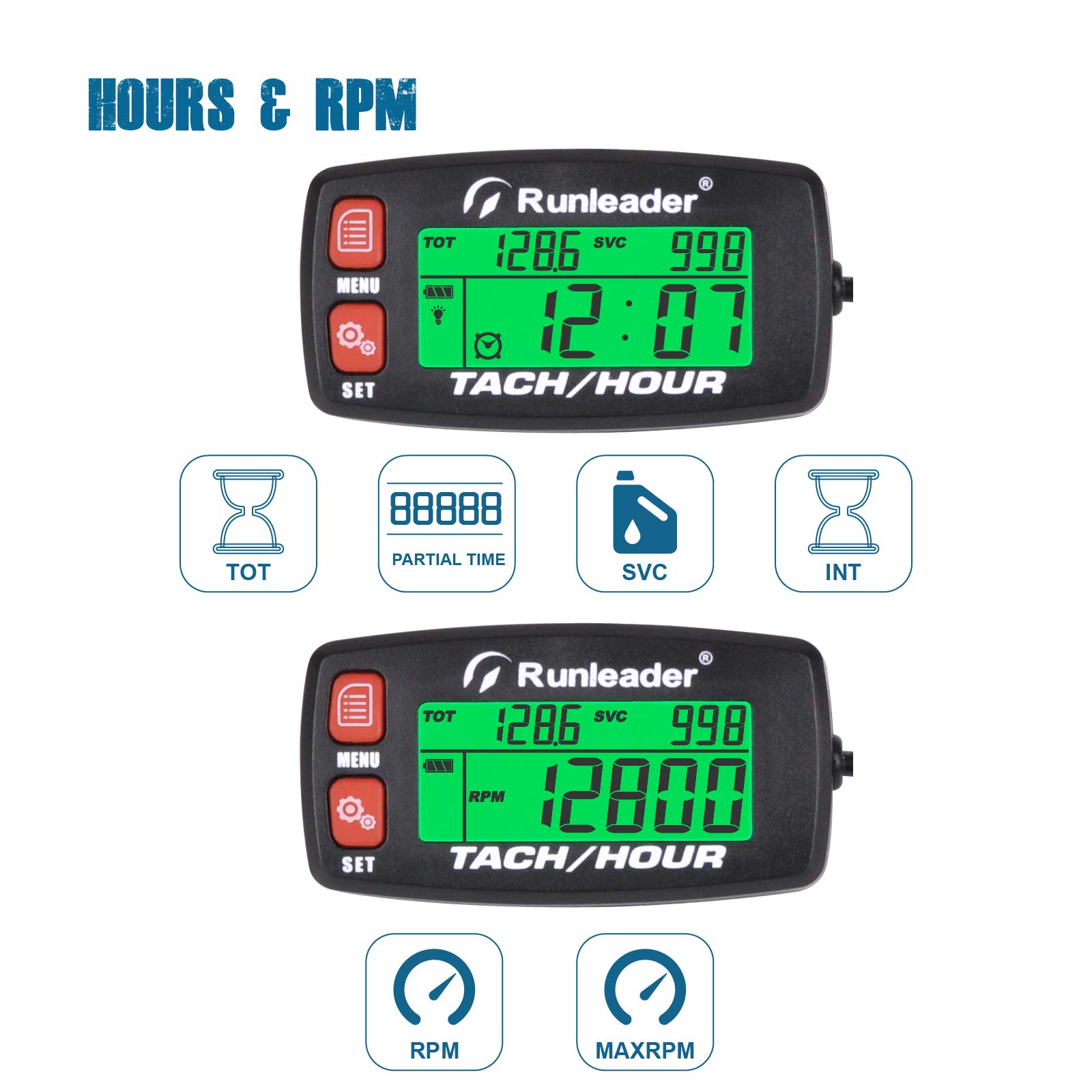 Runleader Digital Gas Engine Tachometer, Hours & RPM Record,Backlight