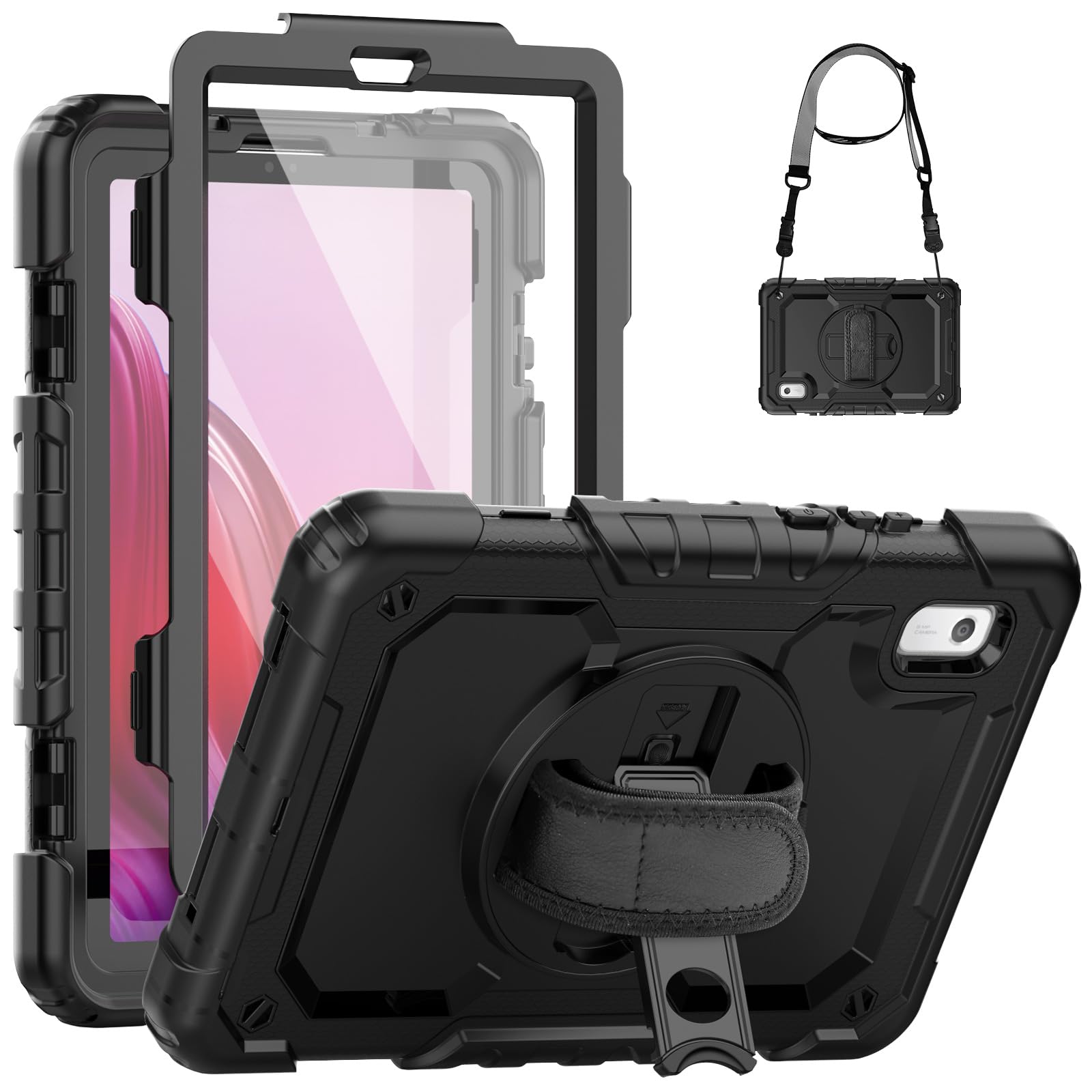 SEYMCY Case for Lenovo Tab M9 9 Inch 2023(TB-310FU), Full-Body Shockproof with Screen Protector, 360° Rotating Stand & Hand Strap, Shoulder Strap for Lenovo M9 Tablet, Black