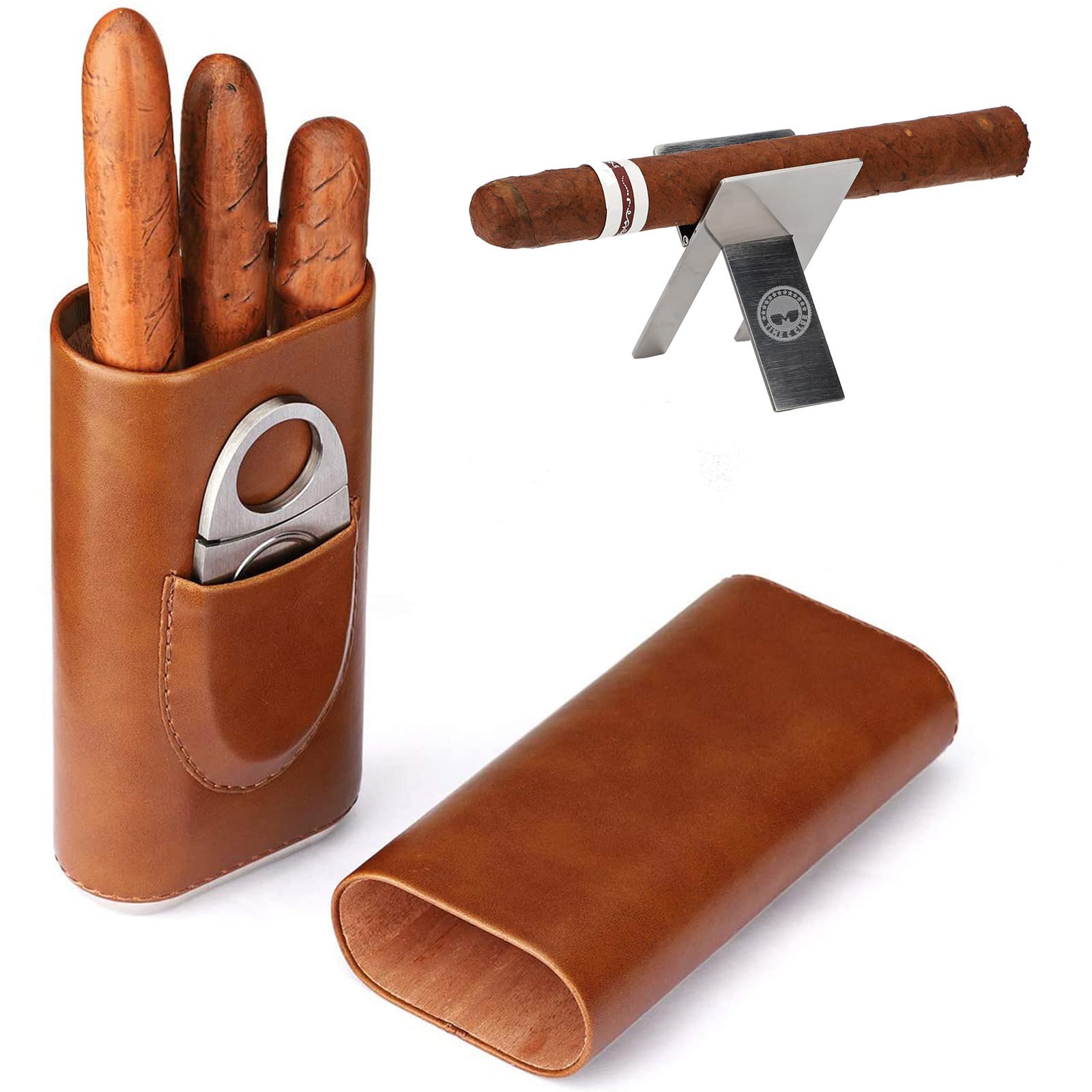 Time C Club 3 Pack 3 -Count Brown Leather Cigar Case Cedar Wood Lined Cigar Humidor Stainless Steel Foldable Cigar Stand Silver Stainless Cigar Cutter