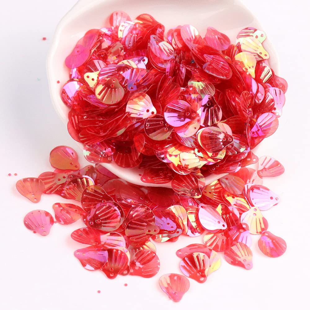 Pack of 360 Shell Sequins, Shell Shape Sequins Craft Loose Sequins Cup Iridescent Spangles Handmade DIY Creative Colour Beads Sequins for Craft Wedding Decoration 13 mm, Red