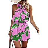 SweatyRocks Women's Boho Floral Print Halter Romper Sleeveless Criss Cross Front Short Jumpsuit