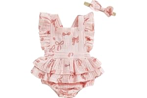COORALLY Baby Girls Ruffle Sleeveless Romper Lace Floral Backless Cotton Linen Bodysuit Jumpsuit with Headband Clothes Set