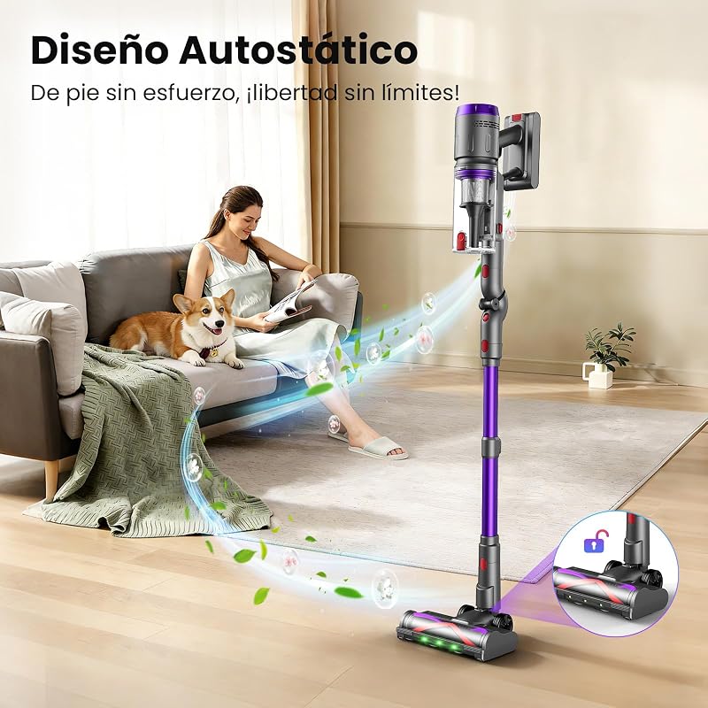 Aspirador sem fios 90 min, 58kPa/600W, vassoura aspiradora sem fios de 1,6L, ecrã inteligente LED tátil, aspirador sem fio anti-emaranhados, ideal para pavimentos, tapetes e pelos de animais
