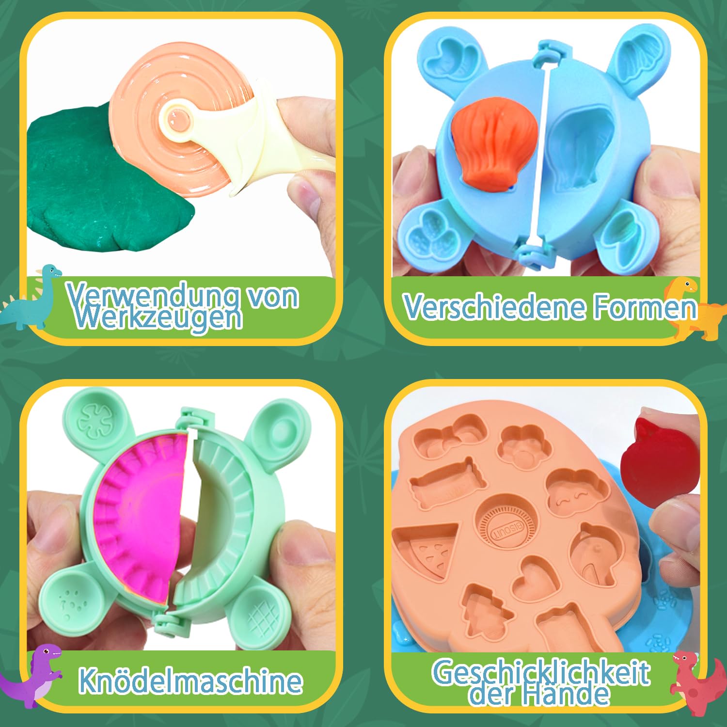 VBACALA Dinosaurier Knete Set 42-teilig mit Kitchen Creations Nudelmaschine,5 Dino Eierformen,12 Farben Knetmasse und Knetwerkzeug,Kreatives Spielzeug Geschenk für Kinder ab 3 Jahre Jungen&Mädchen 5